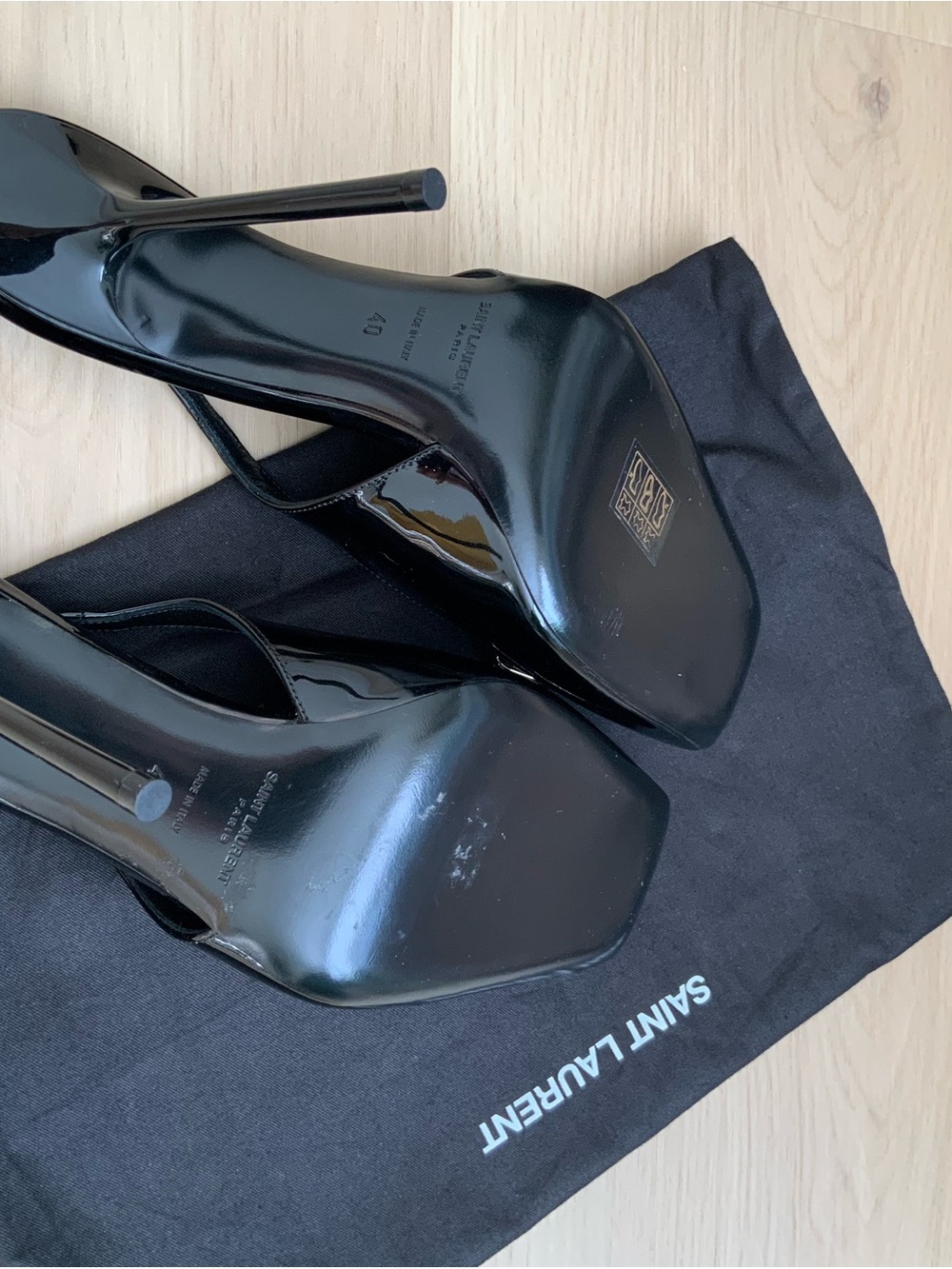 Saint Laurent Black Patent Slingback Heels with Silver Accent - Picture 2 of 8